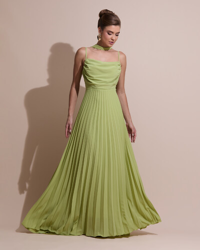 Foto Vestido de Festa Longo Crepe Chiffon Plissado Trançado e Lenço Verde Garden