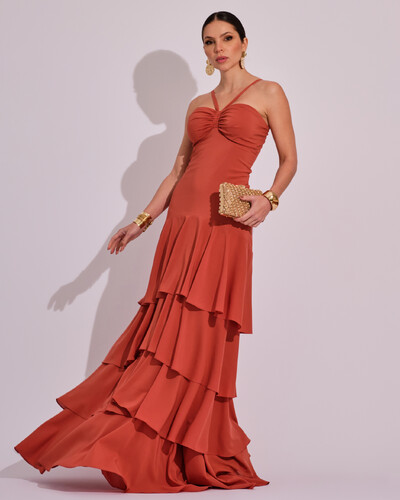 Foto Vestido Longo Crepe com Babado em Camadas Terracota
