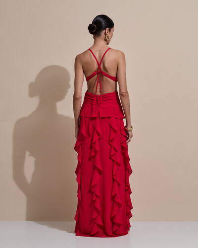 Foto Vestido de Festa Longo Decote V Recortes Drapeado Crepe Chiffon Babados Cascata Vermelho