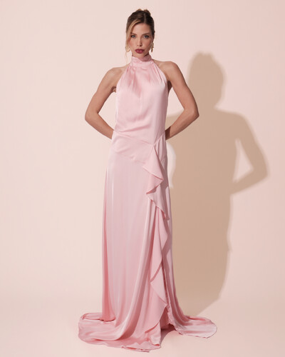 Foto Vestido Longo de Festa Cetim Fluido Gola Alta e Babado Cascata Rose Gold