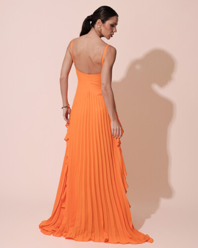 FotoVestido de Festa Longo Crepe Chiffon Alça Fina Saia Plissada com Babado Cascata Laranja