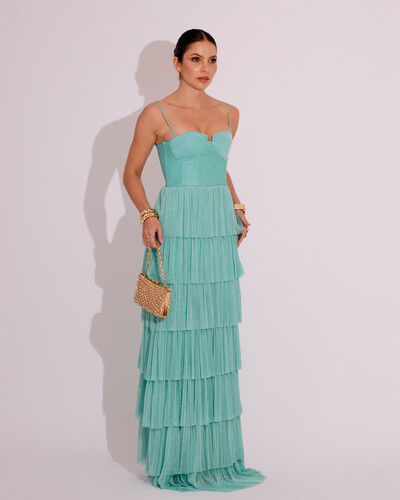 Foto Vestido de Festa Longo Tule Glitter com Camadas Tiffany