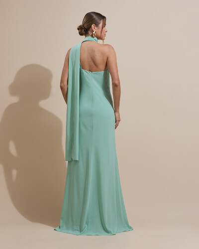 FotoVestido de Festa Longo Crepe Chiffon Um Ombro Só Drapeado Verde Menta