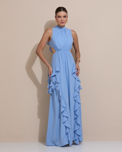 Foto Vestido de Festa Longo Gola Alta Crepe Chiffon Recortes Babados Cascata Azul Atlantis