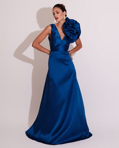 Foto Vestido de Festa longo Zibeline Flor Azul Royal