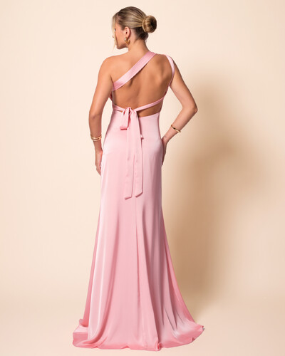 FotoVestido de Festa Longo Cetim Fluido Um Ombro Só Amarração Costas Rose Gold