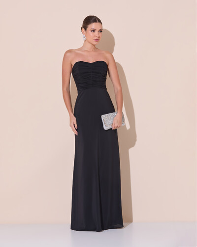 Foto Vestido de Festa Longo Ombro a Ombro Plissado Crepe Chiffon Capa Flor 3D Preto