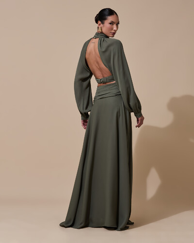 Foto Vestido de Festa Longo Gola Alta Crepe Chiffon Recortes Drapeado Manga Longa Fenda Verde Oliva