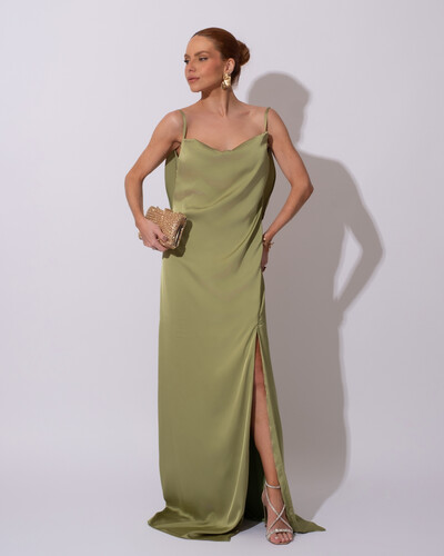 Foto Vestido de Festa Longo Babado Costas Cetim Fluido e Fenda Verde Pistache