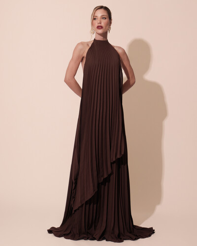 Foto Vestidos de Festa Longo Chiffon Fluido Frente Única Plissado Duplo Marrom