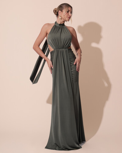 Foto Vestido de Festa Longo Malha Jersey Gola Alta Saia Sereia Verde Oliva