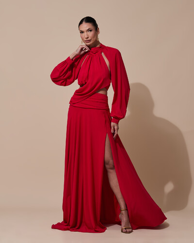 Foto Vestido de Festa Longo Gola Alta Crepe Chiffon Recortes Drapeado Manga Longa Fenda Vermelho