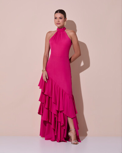 Foto Vestido de Festa Longo Chiffon Crepe Gola Alta Babados Pink Escuro