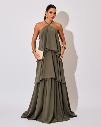 Foto Vestido Longo Babado em Camadas Verde Oliva