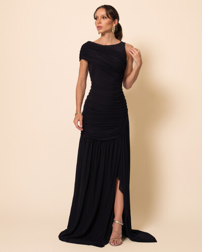 Foto Vestido de Festa Longo Tule Faixa Detalhe Drapeado Preto