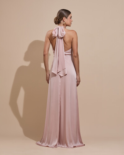 Foto Vestido de Festa Gola Alta com Decote nas Costas Acetinado Rosa Nude