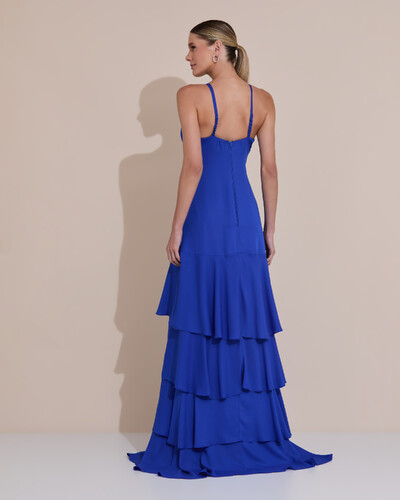 Foto Vestido Longo Crepe com Babado em Camadas Azul Royal