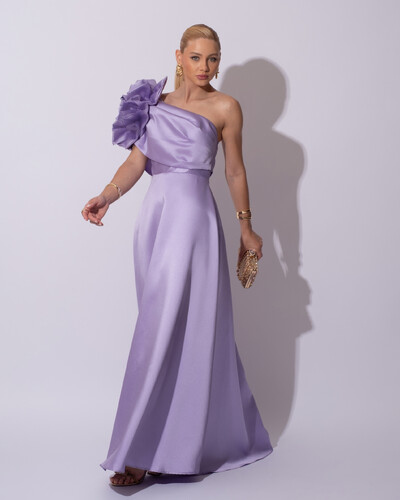 Foto Vestido de Festa Longo Zibeline um Ombro Só Flor Drapeado Lilás