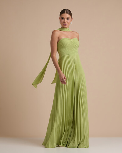 Foto Macacão de Festa Longo Crepe Chiffon Tomara que Caia Plissado com Lenço Verde Garden