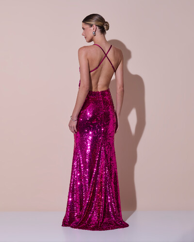 Foto Vestido de Festa Longo Decote V Paetê Alças Finas Saia Sereia Pink