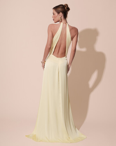 FotoVestido de Festa Longo Cetim Fluido com Argola Frente Única Amarelo Manteiga