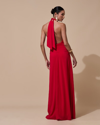 Foto Vestido de Festa Longo Frente Única Busto Blousê Crepe Chiffon Drapeado Vermelho