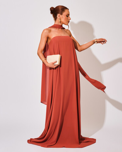 Foto Vestido de Festa Longo Crepe Tomara que Caia com Lenço Terracota
