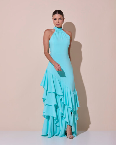 Foto Vestido de Festa Longo Chiffon Crepe Gola Alta Babados Tiffany