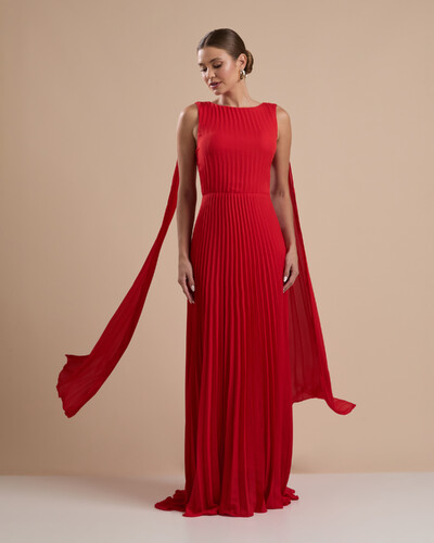Foto Vestido de Festa Longo Crepe Chiffon Plissado com Lenço nas Alças Vermelho New