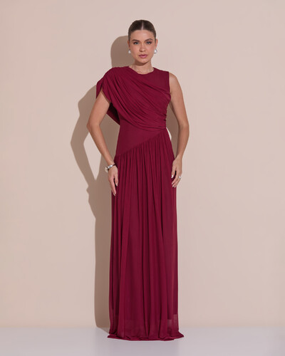 Foto Vestido de Festa Longo Capa Drapeado Tule Saia Fluida Marsala