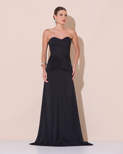 Foto Vestido de Festa Longo Decote Coração Crepe Chiffon Drapeado Plissado Lenço Preto