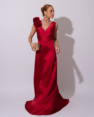 Foto Vestido de Festa longo Zibeline Decote em V com Flores Removivel Marsala