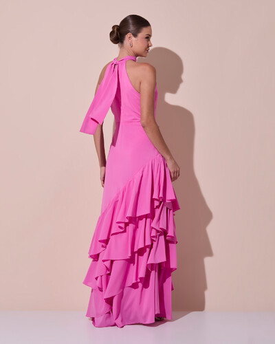 Foto Vestido de Festa Longo Chiffon Crepe Gola Alta Babados Rosa New
