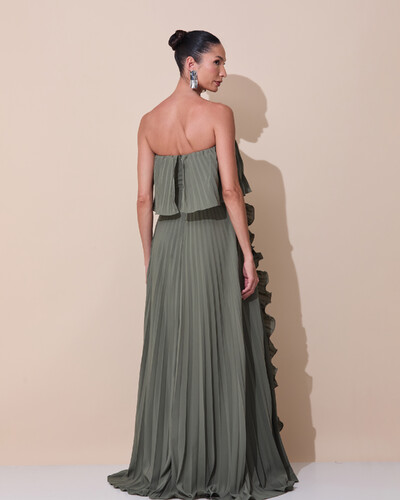 Foto Vestido de Festa Longo Crepe Chiffon Tomara que Caia Plissado com Babado Cascata Verde Oliva