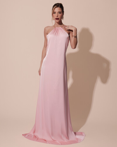 Foto Vestido de Festa Longo Cetim Fluido com Argola Frente Única Rose Gold