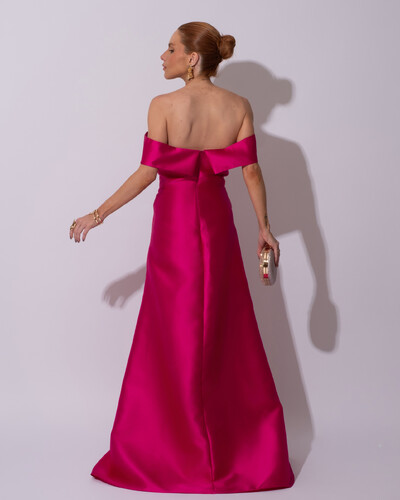 FotoVestido de Festa Longo Zibeline Ombro a Ombro Drapeado e Fenda Pink