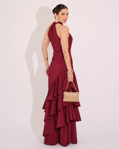FotoVestido de Festa Longo Decote Halter com Babados Marsala