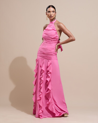 Foto Vestido de Festa Longo Frente Única Crepe Chiffon Drapeado Babados Cascata Rosa
