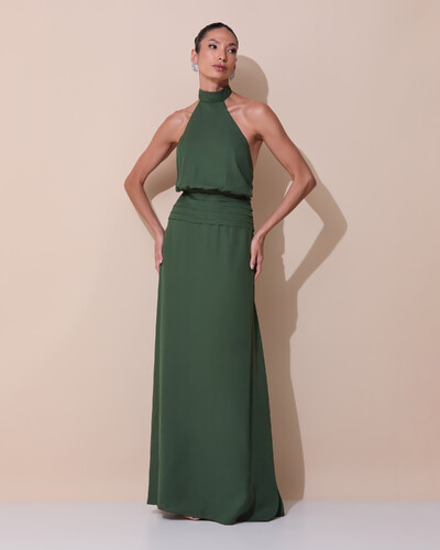 Foto Vestido de Festa Longo Frente Única Busto Blousê Crepe Chiffon Drapeado Verde Escuro
