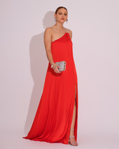 Foto Vestido de Festa Longo Cetim Um Ombro Só Vermelho