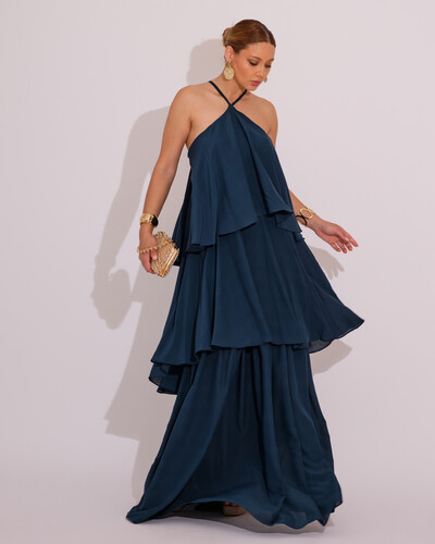 Foto Vestido Longo Babado em Camadas Verde Escuro