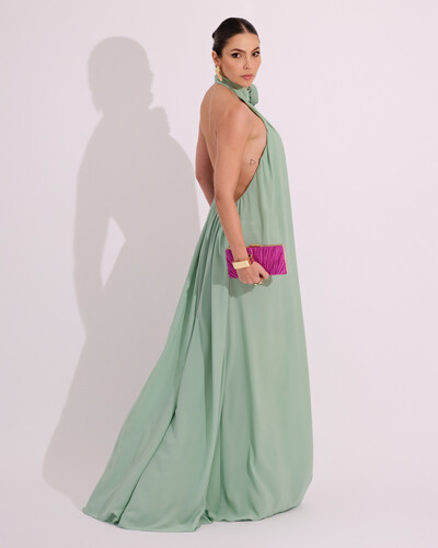 FotoVestido Longo Crepe Chiffon Frente Única Fluido Flor Removível Verde Menta
