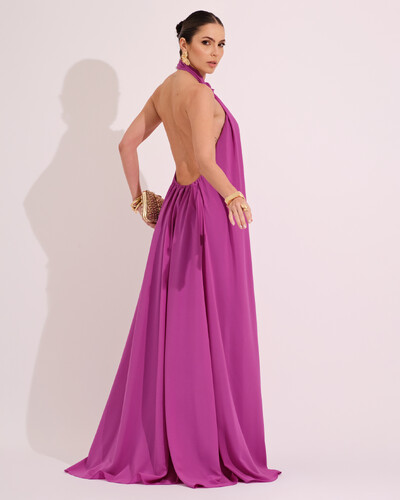 FotoVestido Longo Crepe Chiffon Frente Única Fluido Flor Removível Fúcsia