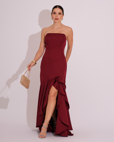 Foto Vestido Longo com Fenda de Babados Alfaiataria Marsala Escuro