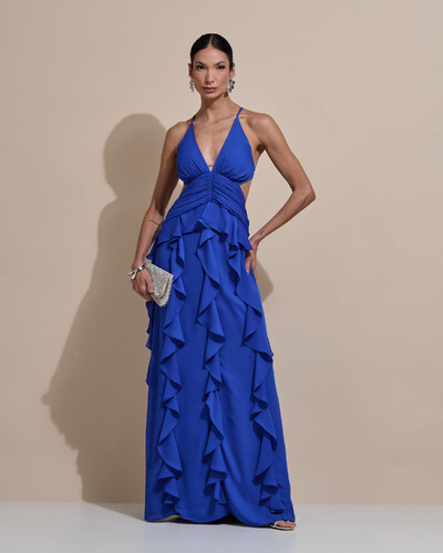 Foto Vestido de Festa Longo Decote V Recortes Drapeado Crepe Chiffon Babados Cascata Azul Royal