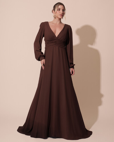 Foto Vestido de Festa Manga Longa com Cintura Drapeada Decote V Marrom