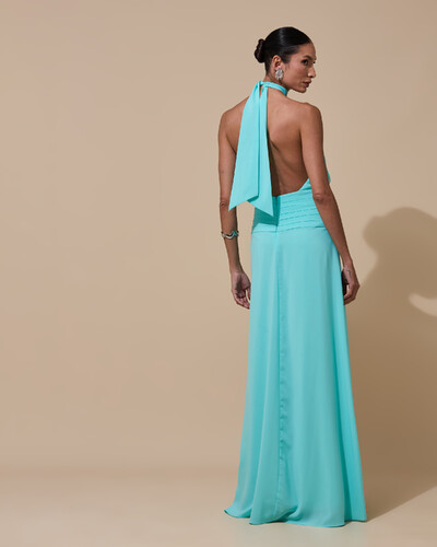 Foto Vestido de Festa Longo Frente Única Busto Blousê Crepe Chiffon Drapeado Tiffany