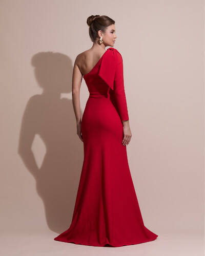 FotoVestido de Festa com Laço de Um Ombro em Alfaiataria Fenda Vermelho