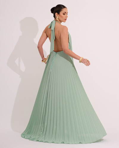 FotoVestidos de Festa Longo Chiffon Fluido Frente Única Plissado Duplo Verde Menta