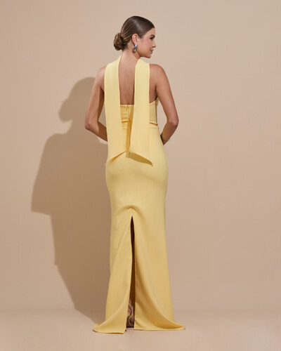 FotoVestido de Festa Longo Alfaiataria Tomara que Caia Saia Sereia com Lenço Amarelo Manteiga